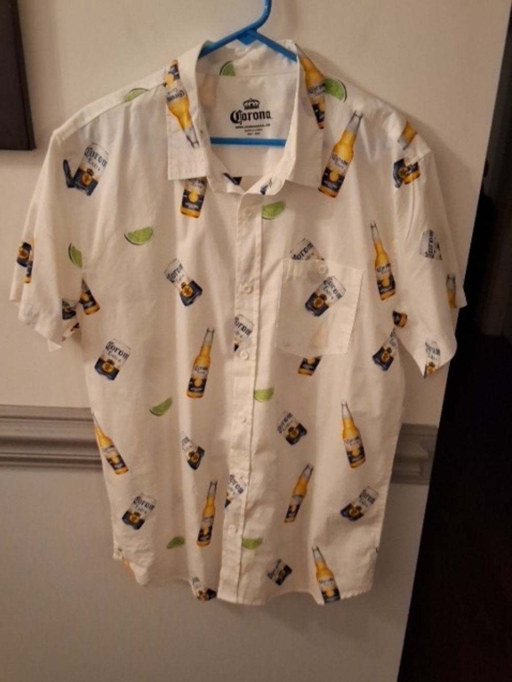 Corona Short-Sleeve Button-Up Shirt in White with Bottle Print